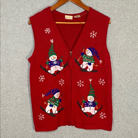 Bobbie Brooks Sweaters - Vtg Ugly Christmas Sweater Vest Womens Large Red Snowman Tassel Festive FLAWS